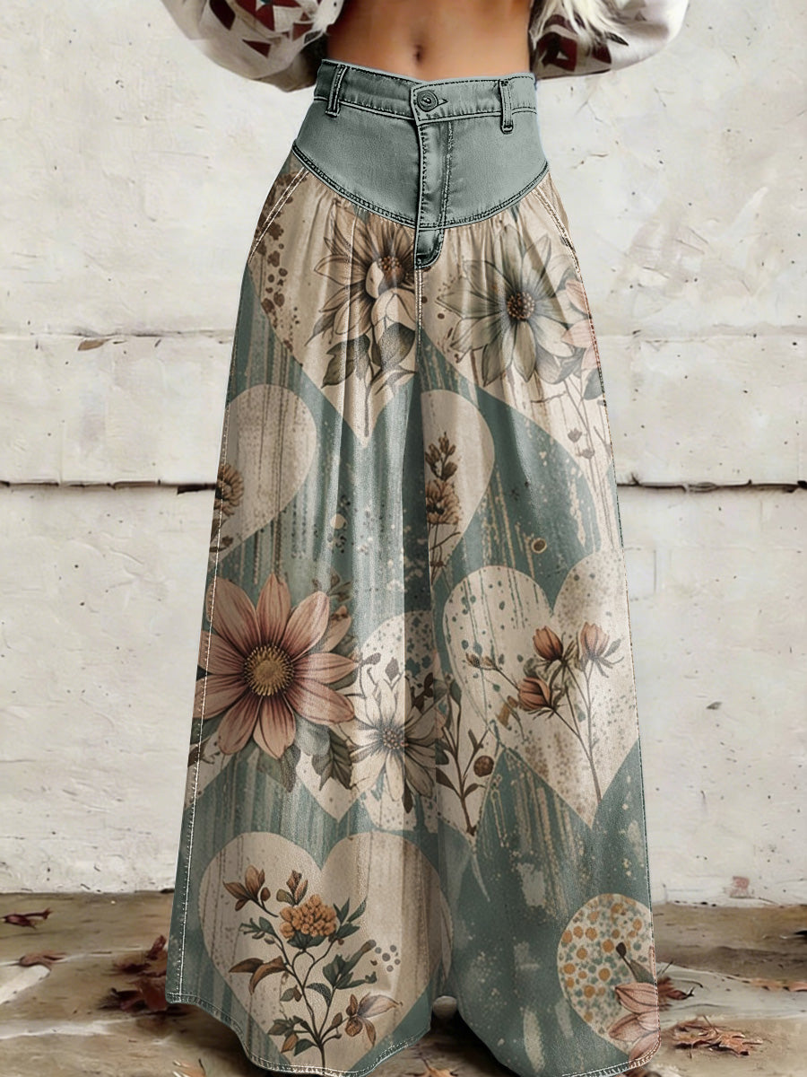 Women's Retro Floral Color-Blocked Art Print Casual Style Wide Leg Pants